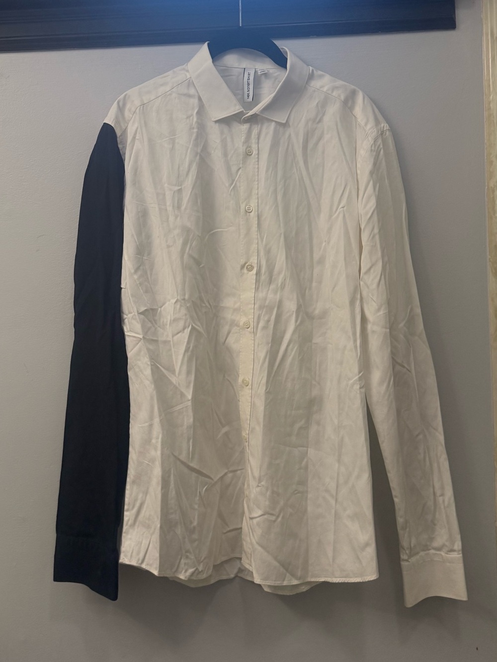 NEIL BARRETT MENS LONG-SLEEVE LAPEL DRESS SHIRT, SIZE XL, WHITE/BLACK